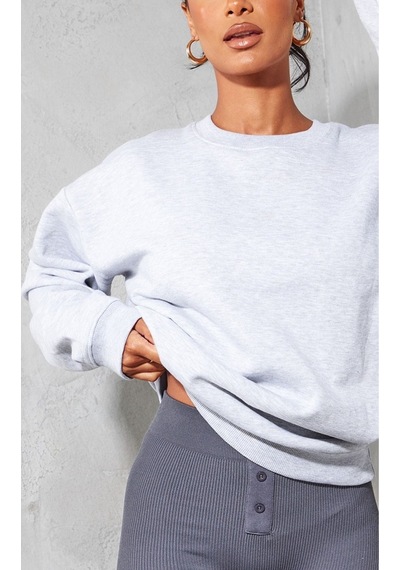 Düz Basic Sweatshirt - Gri Uzun Kol Oversize Bisiklet Yaka Gri