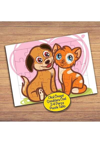 Köpek Ve Kedi Arkadaş Çocuklara Özel Puzzle Yapboz Tablo-pz168