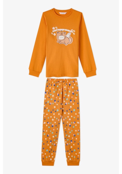Penti Kız Çocuk Turuncu Dont Worry Pamuklu Uzun Kollu 2li Pijama Takımı Rg43