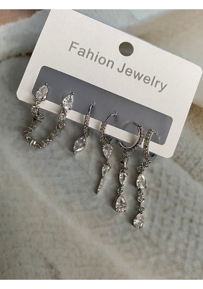Damla Taşlı Sallantılı 6'lı Pirinç Kaplama Kadın Küpe Seti Altın