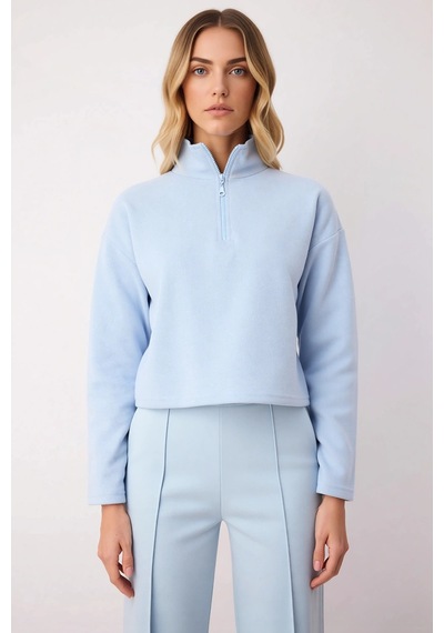 Benerly Kadın Dik Yaka Düşük Kol Fermuarlı Regular Kalıp Örme Sweatshirt Mavi
