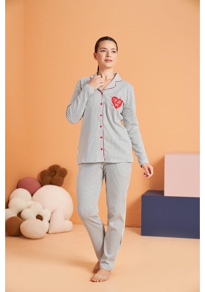 Pjs Kadın Önden Düğmeli Gömlek Yaka Çizgili Uzun Kollu Pijama Takım gri