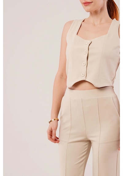Defymoda Kalın Askılı Düğmeli Yelek Ve Pantolon Bej Takım Bej Defymoda Kalın Askılı Düğmeli Yelek Ve Pantolon Bej Takım Bej