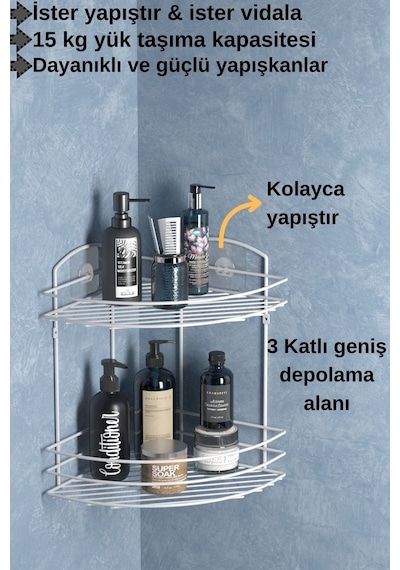 Teknotel Banyo Düzenleyici Şampuanlık Sabunluk 2 Katlı Yapışkanlı Banyo Duş Rafı Beyaz St032 Beyaz