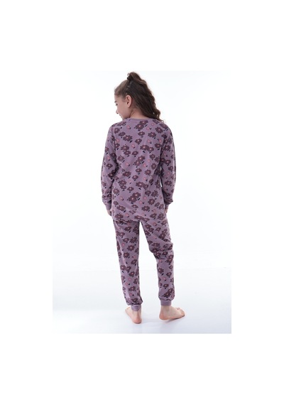 Kız Çocuk Çiçek Desenli Pamuklu Pijama Takımı 8-13 Yaş Rahat Uyku Takımı Mor