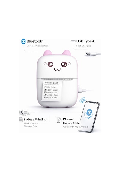 Mini Yazıcı Bluetooth Bağlantılı Taşınabilir Termal Yazıcı Siyah Beyaz Çıktı Telefon Uyumlu Usb Type C Şarjlı Not Ve Fotoğraf Yazdırma