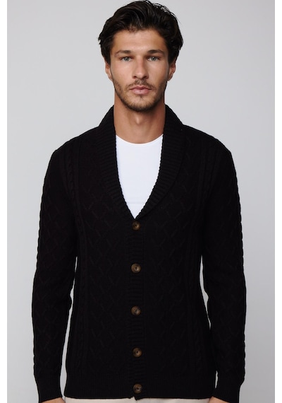Tudors Slim Fit Dar Kesim Desenli Yumuşak Dokulu Düğmeli Siyah Erkek Hırka-29566-siyah Siyah
