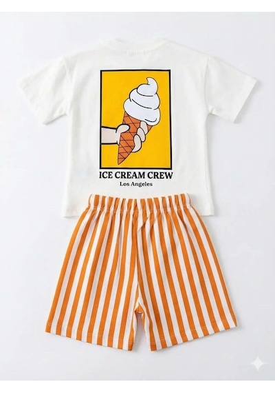 Magu Unisex Çocuk Pamuklu Beyaz Dondurma Baskılı T-shirt Ve Çizgili Şort Takım - Yazlık Çok Renkli Magu Unisex Çocuk Pamuklu Beyaz Dondurma Baskılı T-shirt Ve Çizgili Şort Takım - Yazlık Çok Renkli
