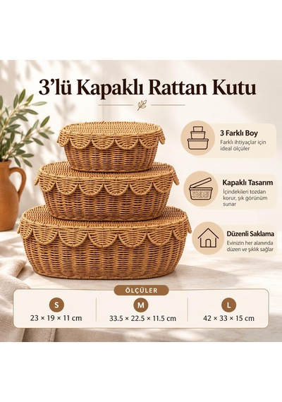 3'lü Kapaklı Rattan Saklama Kutusu Seti Dekoratif Organizer Sepet Çok Renkli