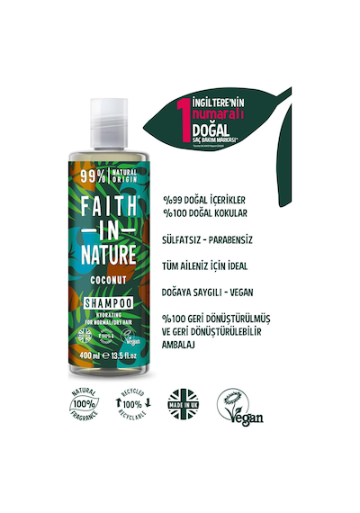Faith in Nature %99 Doğal Nemlendirici Şampuan Hindistan Cevizi Normal & Kuruya Dönük Saçlar İçin 400 ML