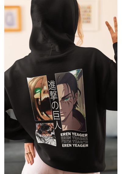 Sevbano Eren Yeager Attack On Titan Anime Sırt Baskılı Unisex Oversize Pe Siyah
