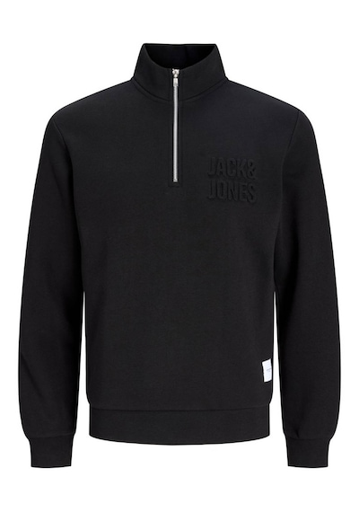 Jack & Jones Dik Yaka Yarım Fermuarlı Logo Baskılı Siyah Erkek Sweatshirt 12299799