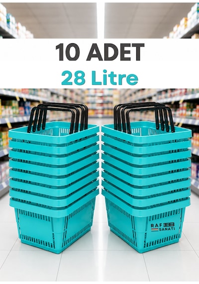 10 Adet - 28 Litre Plastik Market Alışveriş Sepeti Saplı Dayanıklı Market Mağaza El Sepeti Turkuaz