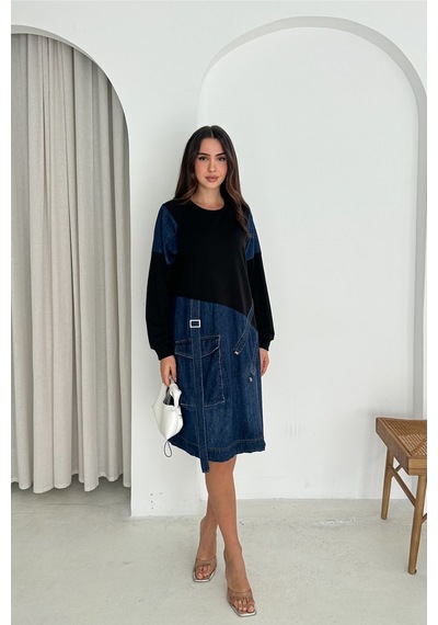 Femelle Kadın Sweat Denim Patchwork Elbise Oversize Cepli Büzgülü %100 Pamuk Spor Elbise Lacivert Femelle Kadın Sweat Denim Patchwork Elbise Oversize Cepli Büzgülü %100 Pamuk Spor Elbise Lacivert