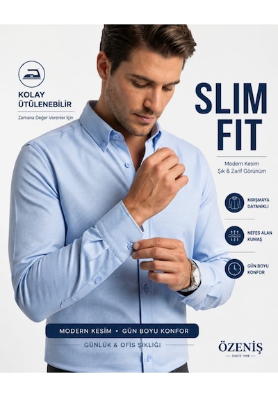 Özeniş Erkek Cepsiz Pamuklu Uzun Kollu Oxford Slim Fit Gömlek Açik Mavi