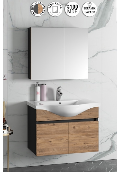 Yıldız 80 Cm Antrasit Gri Mat-Atlantik Çam Mdf Seramik Lavabolu A Antrasit - Atlantik Çam