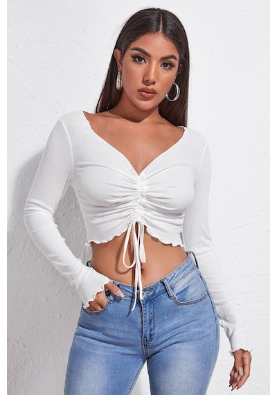 Epilons Zenviaatt2 Kadın Beyaz Uzun Kollu Büzdürme Bağcık Detaylı Crop Top Bluz Zenvi312