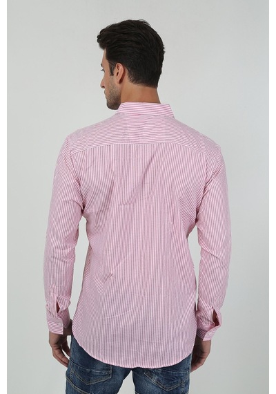 Erkek Kalın Dik Çizgili Uzun Kollu Slim Fit Gömlek 21y-4300599 Kırmızı Kırmızı
