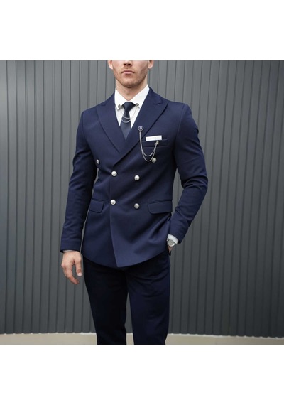 Beystil Sivri Yaka Lacivert Kruvaze Takım Elbise Petek036 - Slim Fit Lacivert