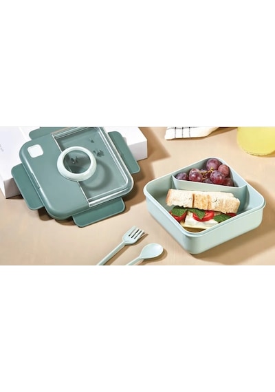 Qlux Diyet Ofis Okul Sporcu Fitness Lunch Box Sefer Tası Çatal Kaşıklı Beslenme Kabı Bpa İçermez Gri