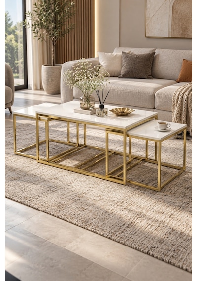 Sulorahome 4'lü Beyaz Ve Gold Metal Sehpa Seti Beyaz - Altın