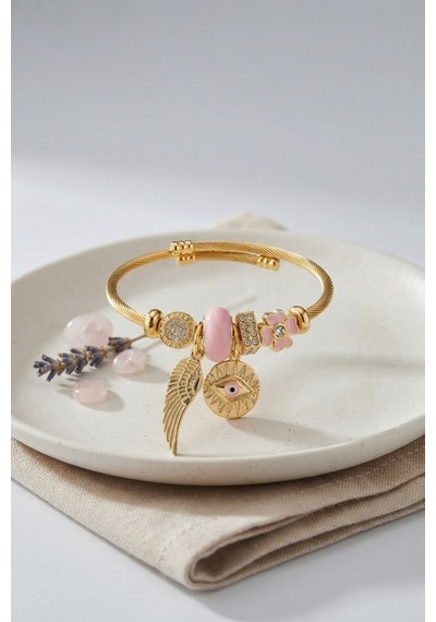 Pembe Göz Model Gold Renk Charmlı Bileklik Altın