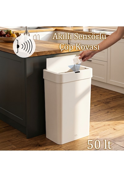 Porsima Me-05 Hareket Sensörlü Sessiz Kapatma Çöp Kutusu Banyo Mutfak Çöp Kovası Kapaklı Banyo Çöp Kovası 2 Adet Aa Pil Beyaz 50lt