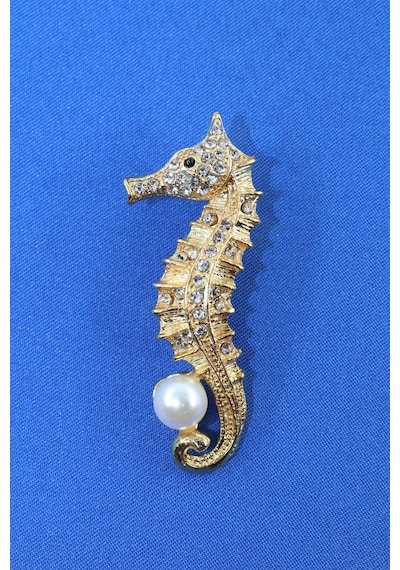 Gold Renk İncili Denizatı Broş. Taşlı Tasarım Denizatı Broş. Yaka İğnesi Broş. Denizatı Broş. Gold