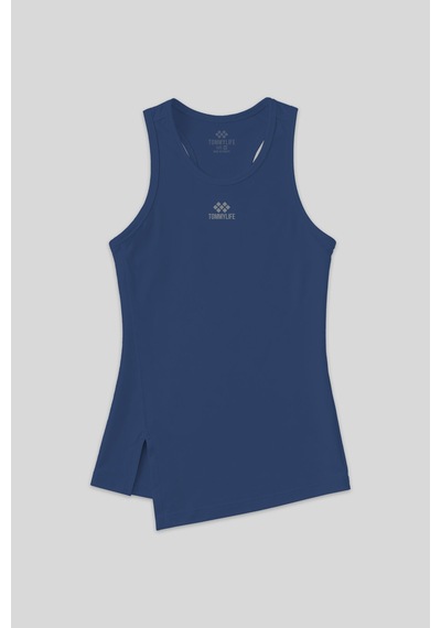 Tommy Life İndigo Yırtmaç Detaylı O Yaka Sıfır Kollu Standart Kalıp Kadın Spor Atlet - 97256 İndigo