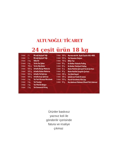 Tat Ramazan Erzak Paketi Kumanya Yardım Gıda Kolisi 24 Çeşit Ürün 18 Kg