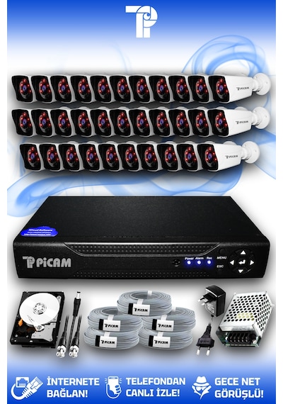 Picam 32 Kameralı Kare 32 Dış Kamera Set 500 GB HDD Full HD Gece Görüşlü Güvenlik Kamerası Sistemi