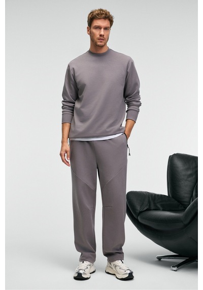 Grimelange EDMUND Erkek Kolu Baskılı Eteği Lastik ve Stoperli Bisiklet Yaka Koyu Gri Sweatshirt