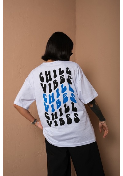 Technomonkey Unisex Beyaz Oversize Chill Vibes Baskılı Techno Tişört