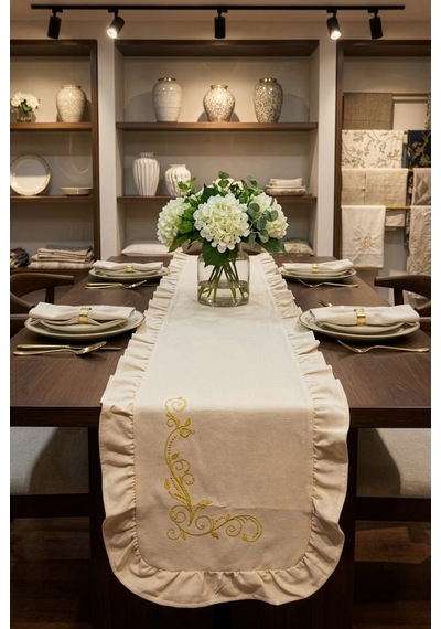 Nakış Detaylı Fırfırlı Masa Runner 40x120 Cm Şık Dekoratif Masa Ve Konsol Örtüsü Bej