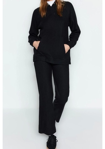 Ersefa Moda Yüksek Bel Bisiklet Yaka Sportswear Kapüşonlu Kaşkorse Sweat siyah