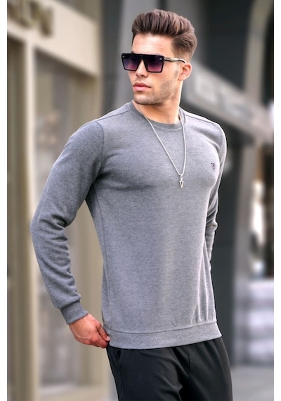 Madmext Gri Bisiklet Yaka Regular Fit Basic Sweatshirt 5799 Gri