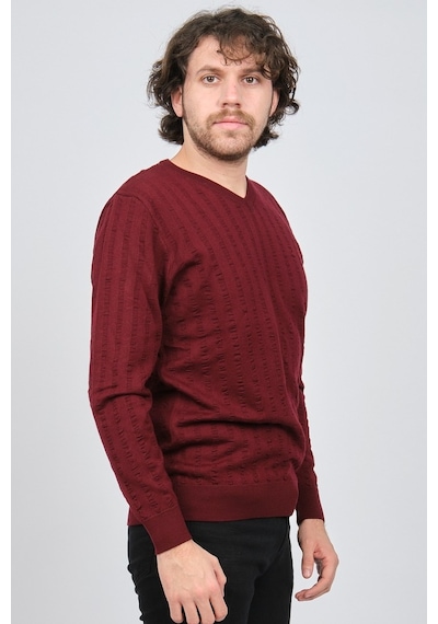 Desen Triko Erkek V Yaka Yün Kazak 0249626 Bordo Bordo