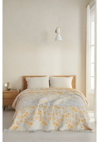 Soleil Bloom 5 Kat Dolgulu Müslin Çift Kişilik Yatak Örtüsü Pike Koltuk Örtüsü %100 Pamuk Çiçek Desenli 220x240 Cm Sarı
