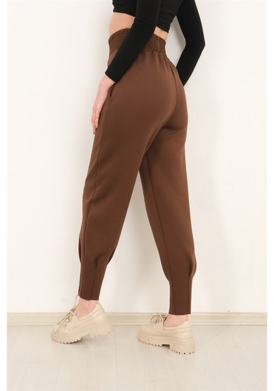 Winmoda34 Scuba Dalgıç Jogger Eşofman Altı Yüksek Bel Geniş Kemer Paça Pile Detaylı Kahve