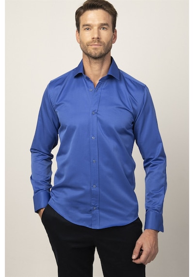 Tudors Modern Slim Fit Düz Saten Erkek Gömlek-23048 Saks