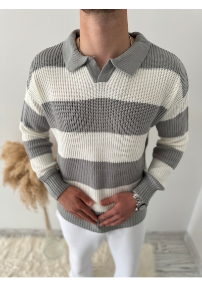 Say-Has Fashion Rahat Kalıp Erkek Polo Yaka Çizgili Triko Kazak Gri