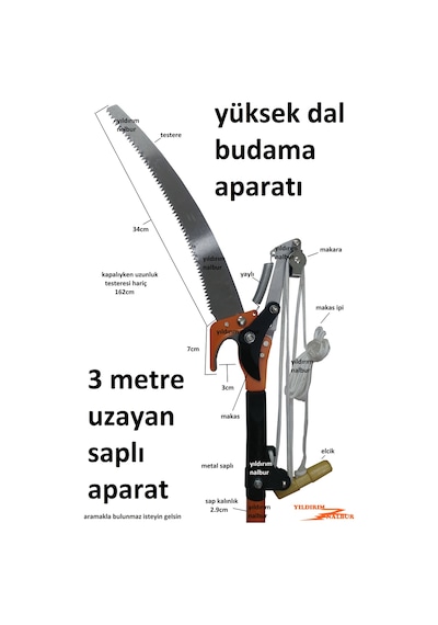 Yüksek Dal Kesme Testeresi 3 Metre Saplı Metal Budama Makası Bağ