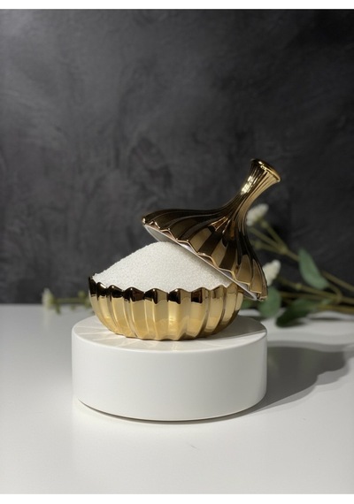 Elta Collection Titanyum Gold Kaplama Cam Şekerlik Lokumluk, Reçellik, Sunumluk 13 Cm Altın