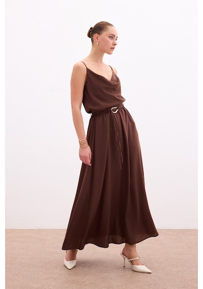 Sateen Kemerli Uzun Etek - Kahve-136082 Kahve