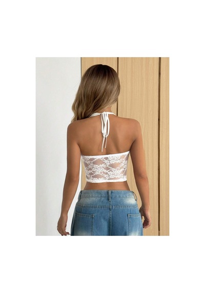 Wild Flower Dantel Detaylı Crop Atlet Halter Yaka Yazlık Şık Üst Bluz Beyaz