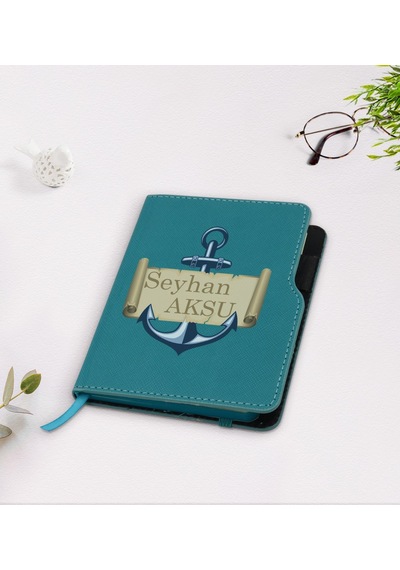 Kişiye Özel Çapa Tasarımlı Turkuaz Termo Deri Defter-3 Turkuaz