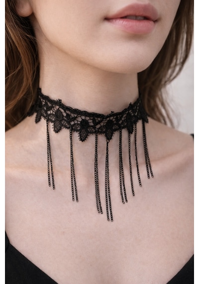 Gotik Choker Dantel Kolye Vintage Tarzı Püskül Zincirli Siyah