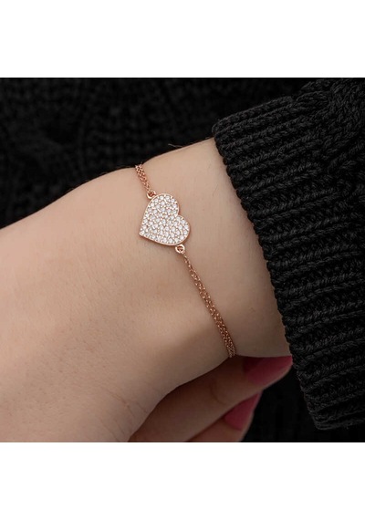 Mikudesign 925 Ayar Gümüş Rose Kalp Kadın Bileklik Çok Renkli