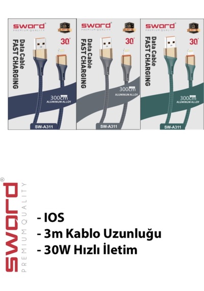 Sword 3 Üç Metre Apple Uyumlu iOS iPhone Hızlı Şarj Ve Data Kablosu