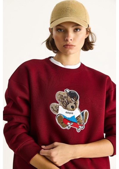 Shade Kadın Teddy Nakış İşlemeli Bisiklet Yaka Salaş Sweatshirt 6864 60283522 - Bordo